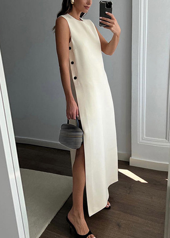 High Neck Side Button Thigh Slit Sleeveless Maxi Dress