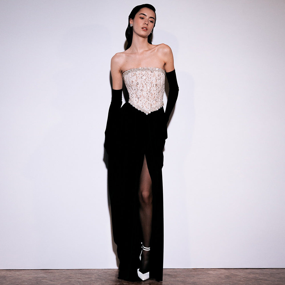 Lace Embellished Strapless Corset Basque Waist High Split Maxi Gown
