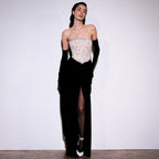 Lace Embellished Strapless Corset Basque Waist High Split Maxi Gown