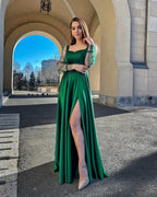 Square Neck Sheer Organza Puff Sleeve Satin Pleated Ball Gown Maxi Dress