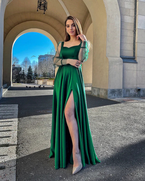 Square Neck Sheer Organza Puff Sleeve Satin Pleated Ball Gown Maxi Dress