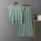 Solid Color Sleeveless Sweater Vest & Wide Leg Pants Sets