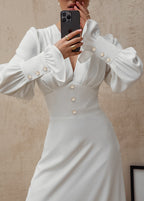 Deep V Neck Puff Sleeve Button Detail Structured Waist Midi Dress