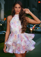 High Neck Halter Tiered Ruffle Floral Print Mini Dress