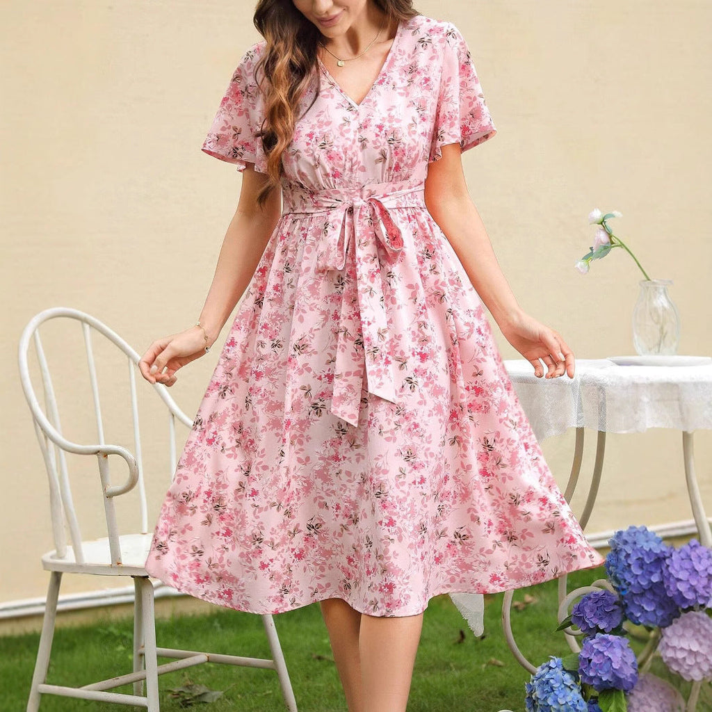 Zuleyka Chic Women's Floral Dress with V Neck and Tailored Tie Belt Silhouette Collection