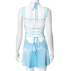 Splicing sleeveless sexy mini women's long robe satin strapless backless lace up high waisted A-line party dress
