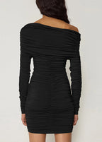 Asymmetric Off Shoulder Ruched Long Sleeve Bodycon Mini Dress
