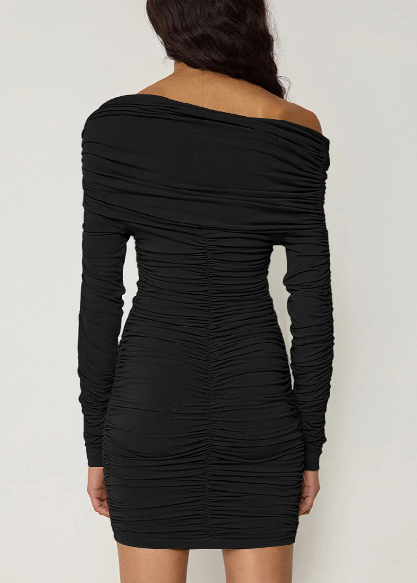 Asymmetric Off Shoulder Ruched Long Sleeve Bodycon Mini Dress