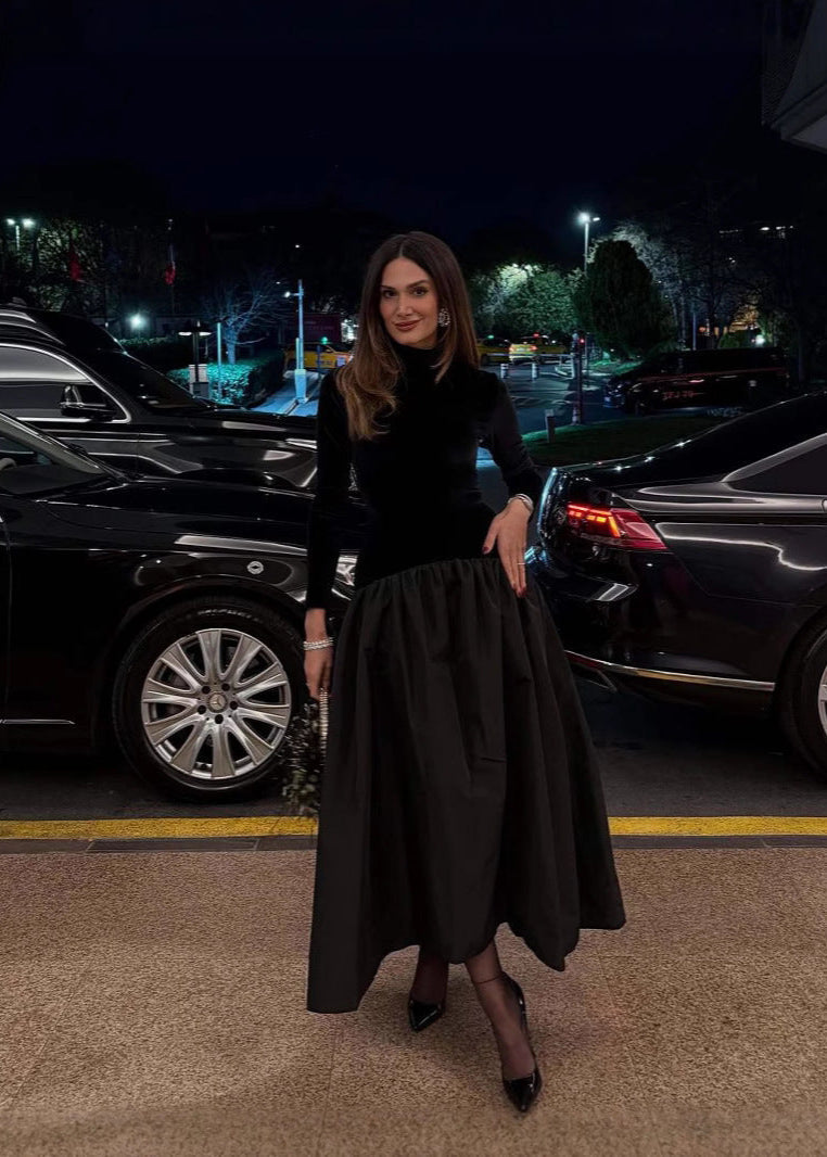 Velvet Mock Neck Long Sleeve Taffeta Puff Skirt Mixed Media Midi Dress