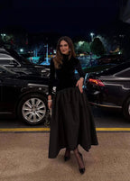 Velvet Mock Neck Long Sleeve Taffeta Puff Skirt Mixed Media Midi Dress