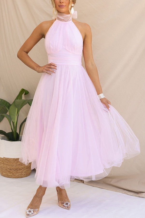 Fairy Vibes Tulle Gathered Detail Halter Maxi Dress