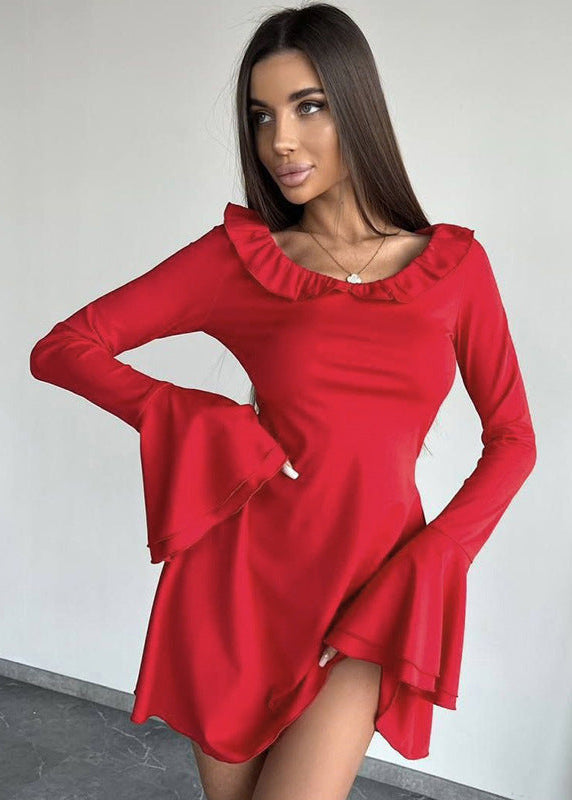Off Shoulder Ruffle Trim Bell Sleeve Fit and Flare Mini Dress