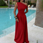 One Shoulder Fitted Bodice A-Line Floor Length Maxi Gown