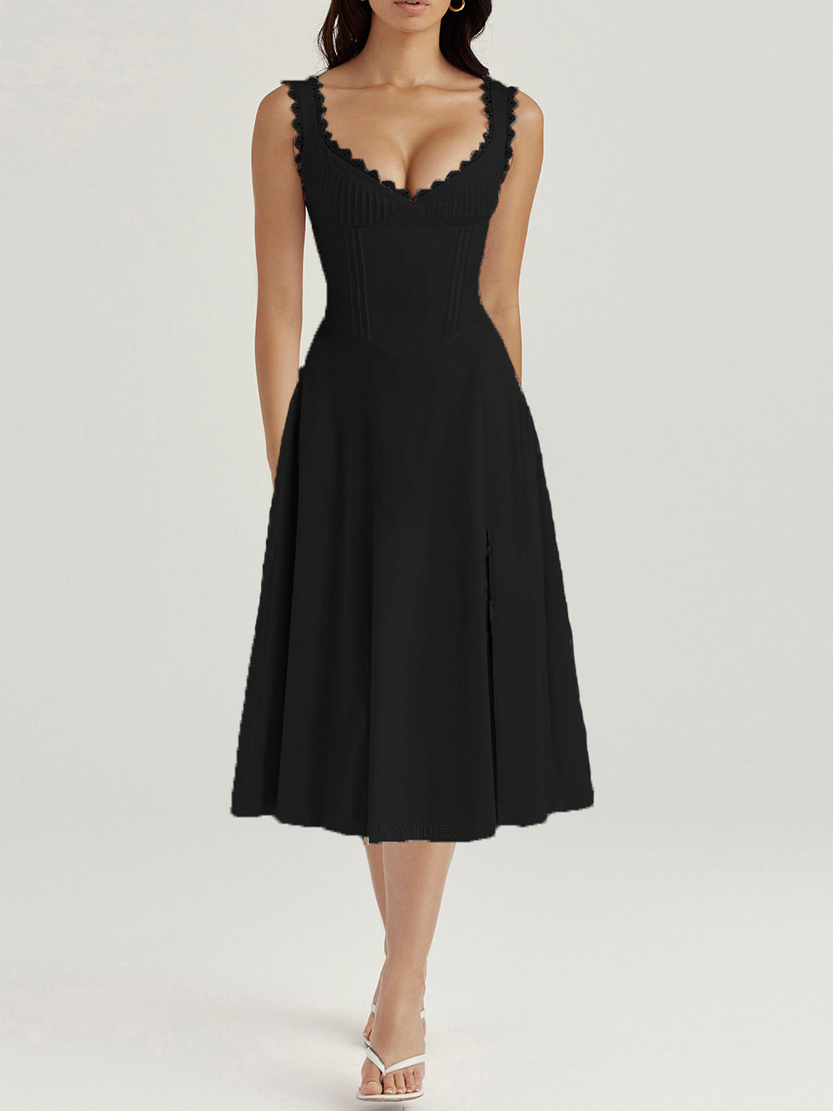Corset Midi Dress with Lace Trim and Side Slit