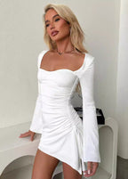 Sweetheart Long Sleeve Bell Cuff Ruched Side Gather Bodycon Mini Dress