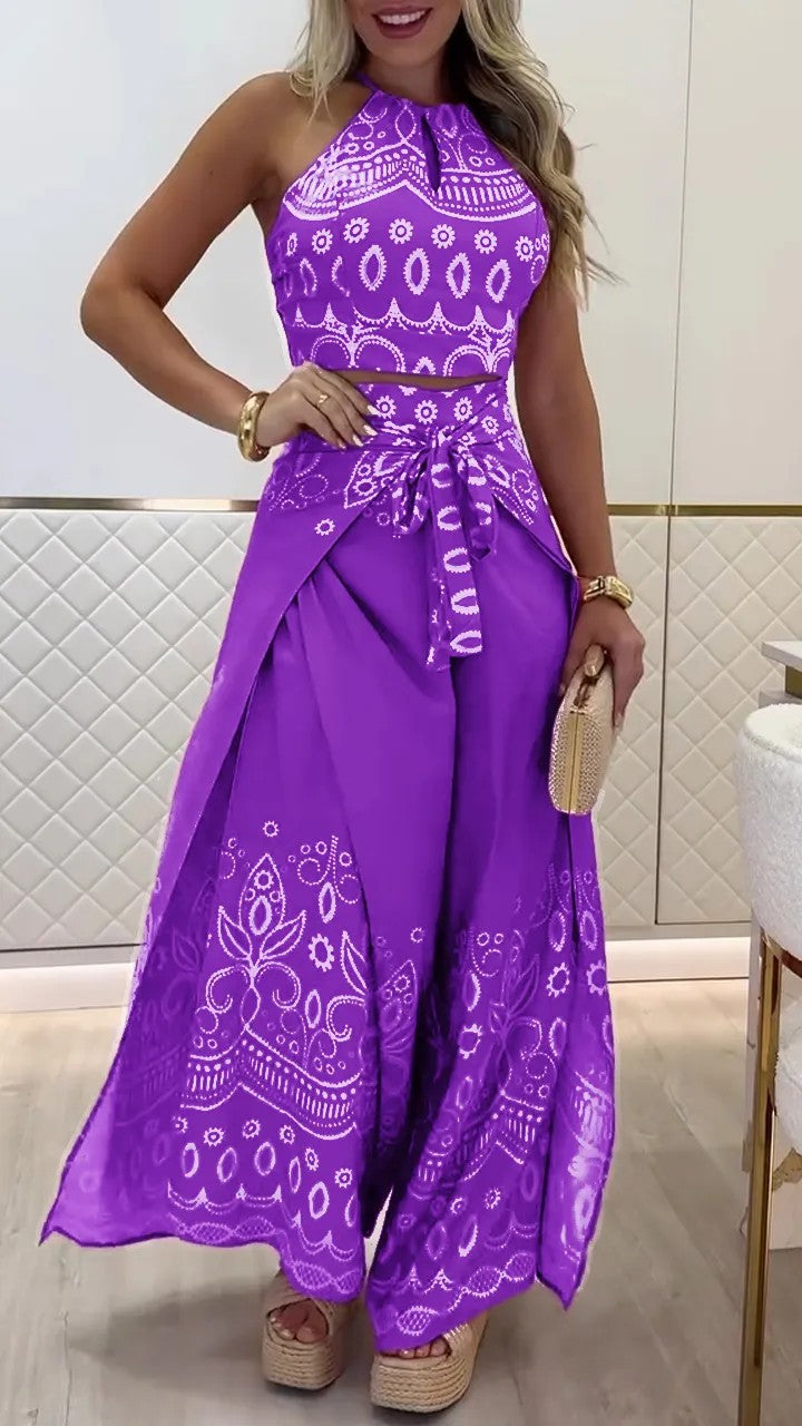 Boho Halter Top & Wide Leg Pants Two Piece Sets