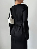 Black Cowl Neck Bell Sleeve Tie Waist Bodycon Maxi Dress