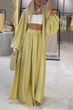Beach Cottage Open Front Long Pleated Lantern Sleeve Long Cover-up Jacket