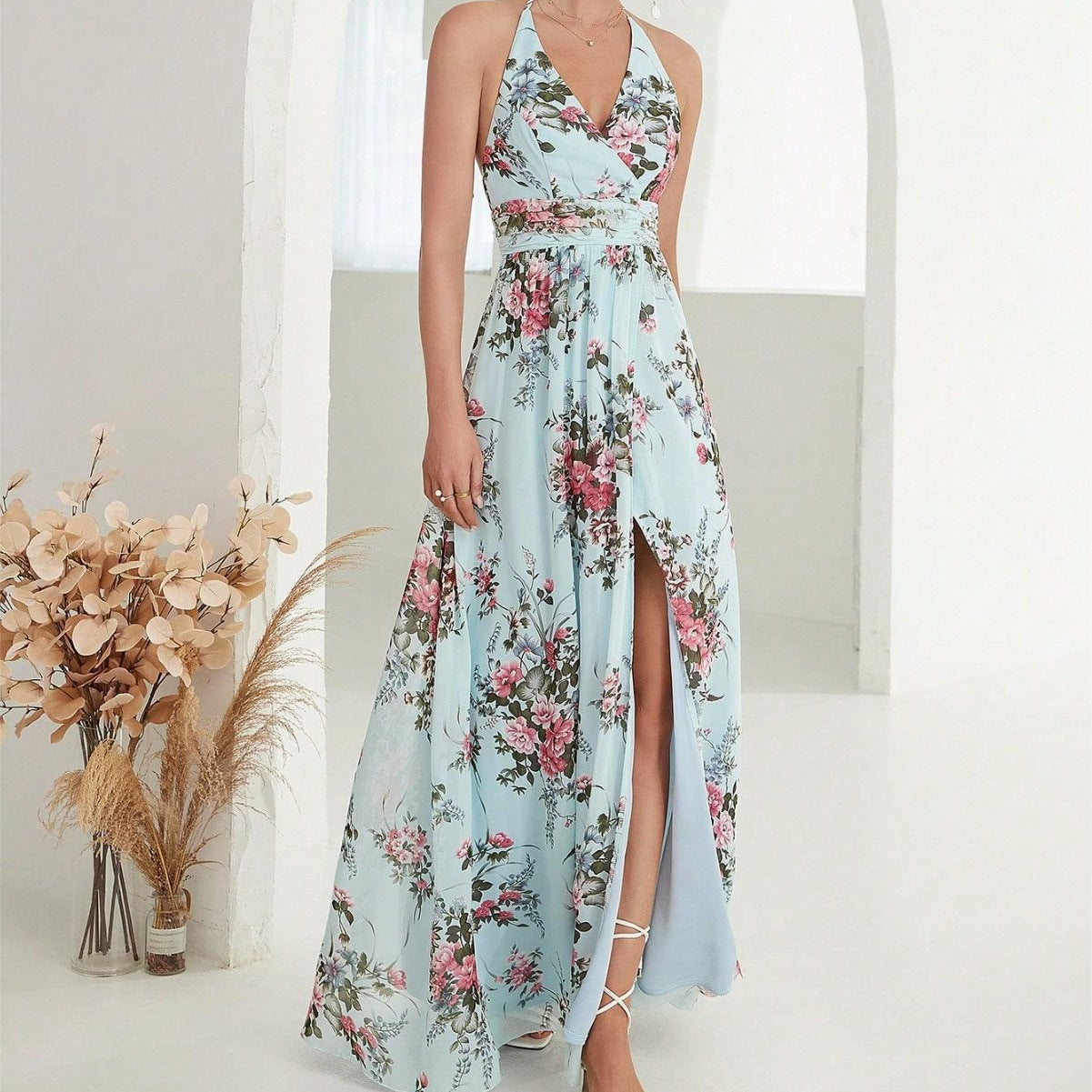 Xara Luxe Women's Floral Design High Slit Maxi Dress Chic Silhouette Collection