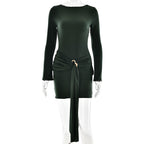 Boat Neck Ruched Side Buckle Sash Bell Sleeve Bodycon Mini Dress