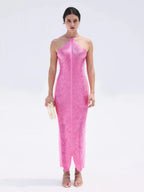 Halter Neck Fringe Texture Layered Hem Maxi Dress