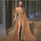 Off-Shoulder Slit Sequined Halter Dress