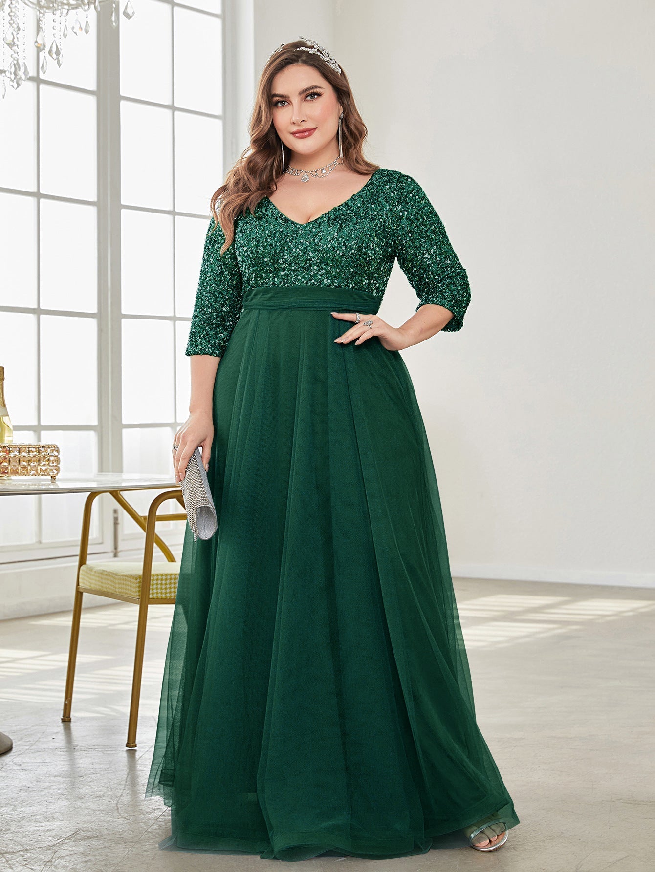Plus Size V Neck Short Sleeve Sequined Tulle A line Evening Dress Party Dress