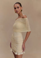 Off Shoulder Ruched Mesh Overlay Ruffle Hem Bodycon Mini Dress