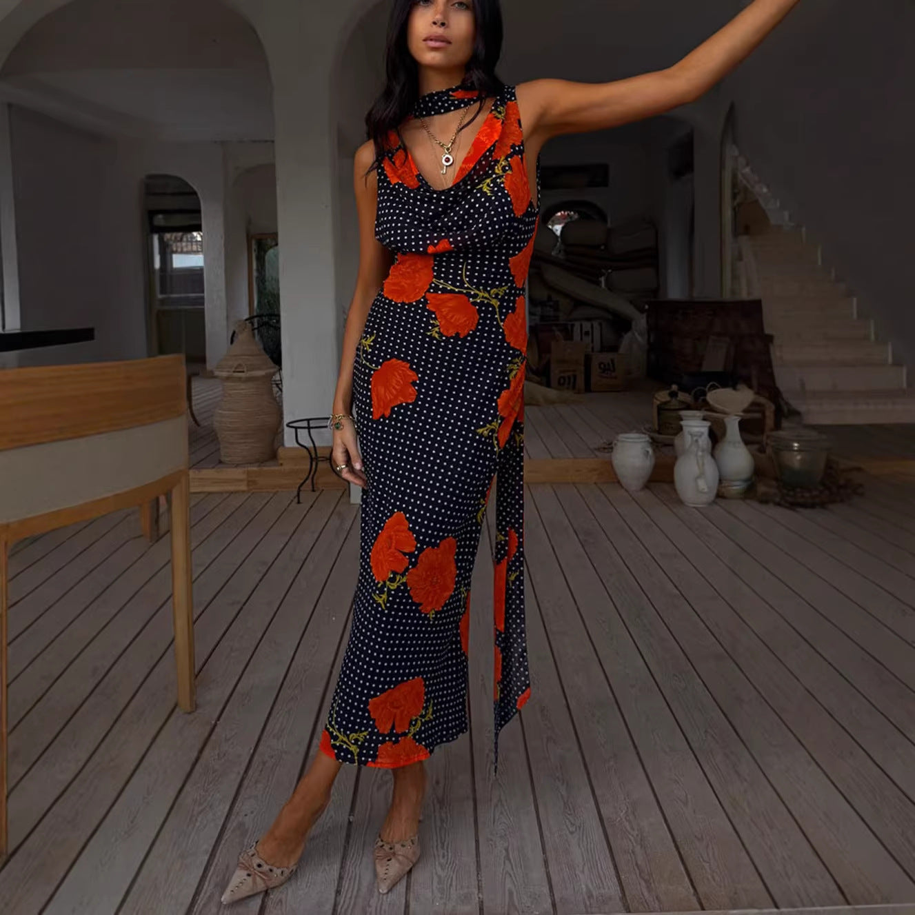 Polka Dot Floral Print Cowl Neck Draped Side Panel Maxi Dress