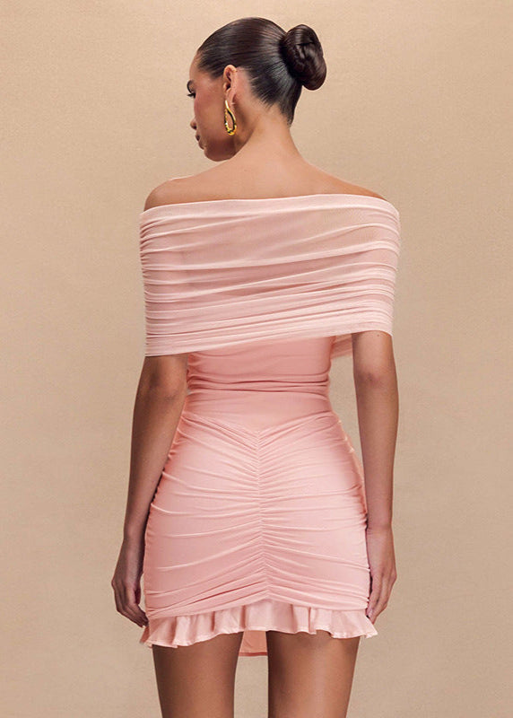 Off Shoulder Ruched Mesh Ruffle Hem Mini Dress