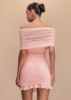 Off Shoulder Ruched Mesh Ruffle Hem Mini Dress