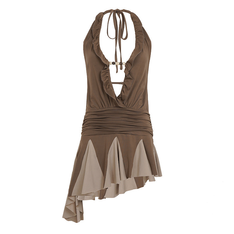 Halter Ruffle Trim Deep V Ruched Godet Pleated Mini Dress