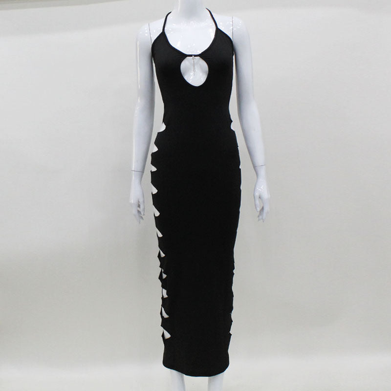 Rhinestone Keyhole Halter Neck Side Cut Out Bodycon Mini Dress