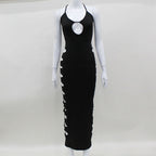 Rhinestone Keyhole Halter Neck Side Cut Out Bodycon Mini Dress