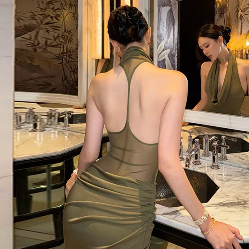 Ruched Halter Neck Deep V-Neck Backless Bodycon Maxi Dress