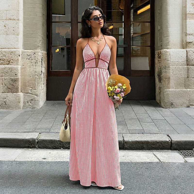 Vertical Stripe Halter Neck Deep V Neck Contrast Trim High Waist Maxi Dress