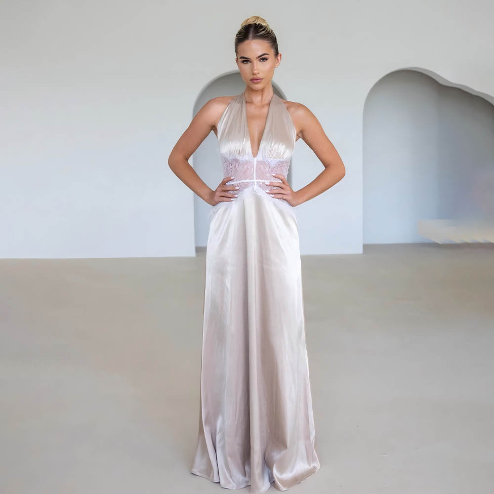 Halter Plunging V-Neck Lace Panel Waist Satin Slip Maxi Dress