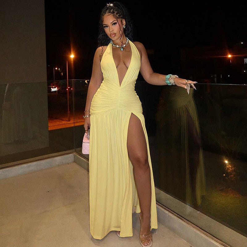 Halter Deep V Ruched Waist Pleated Slit Maxi Dress