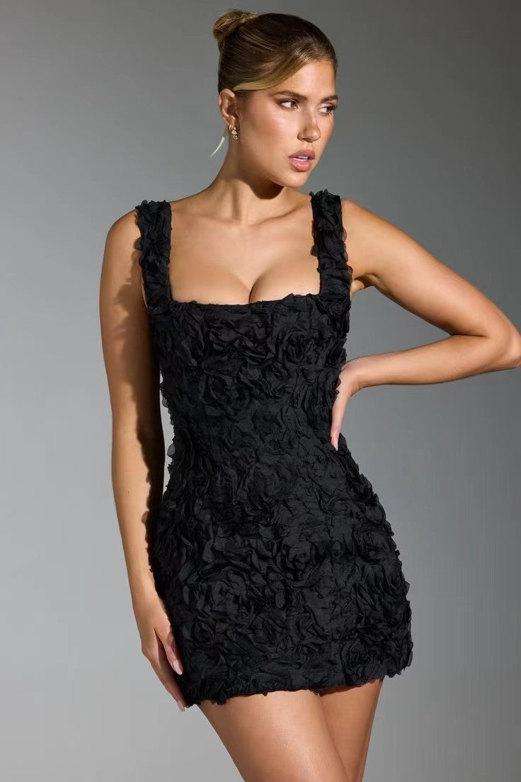 Square Neck 3D Floral Rosette Appliqué Mini Dress