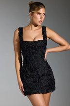 Square Neck 3D Floral Rosette Appliqué Mini Dress