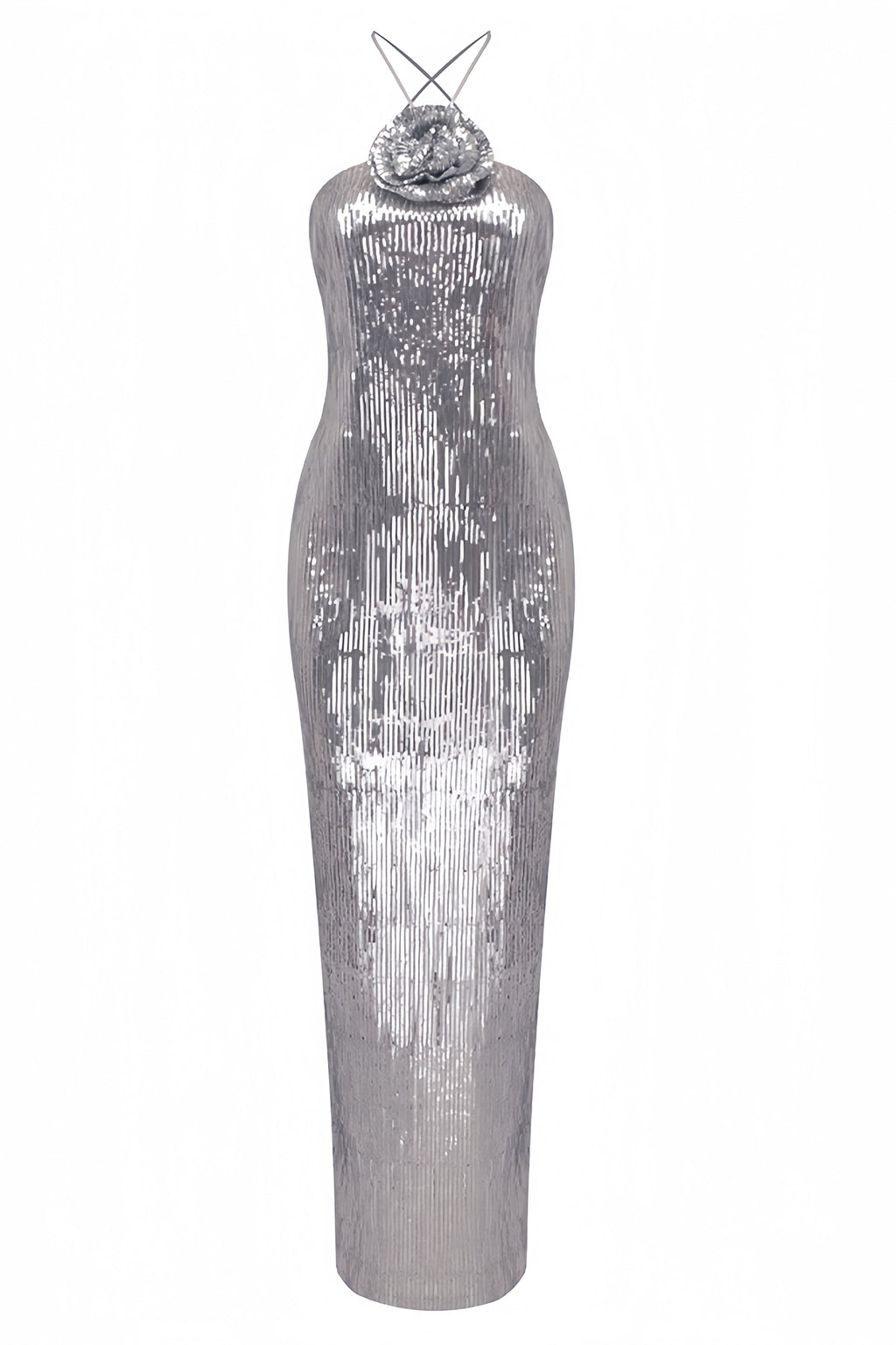 Soraya Silver Sequin 3D Floral Maxi Dress