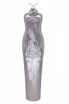 Soraya Silver Sequin 3D Floral Maxi Dress
