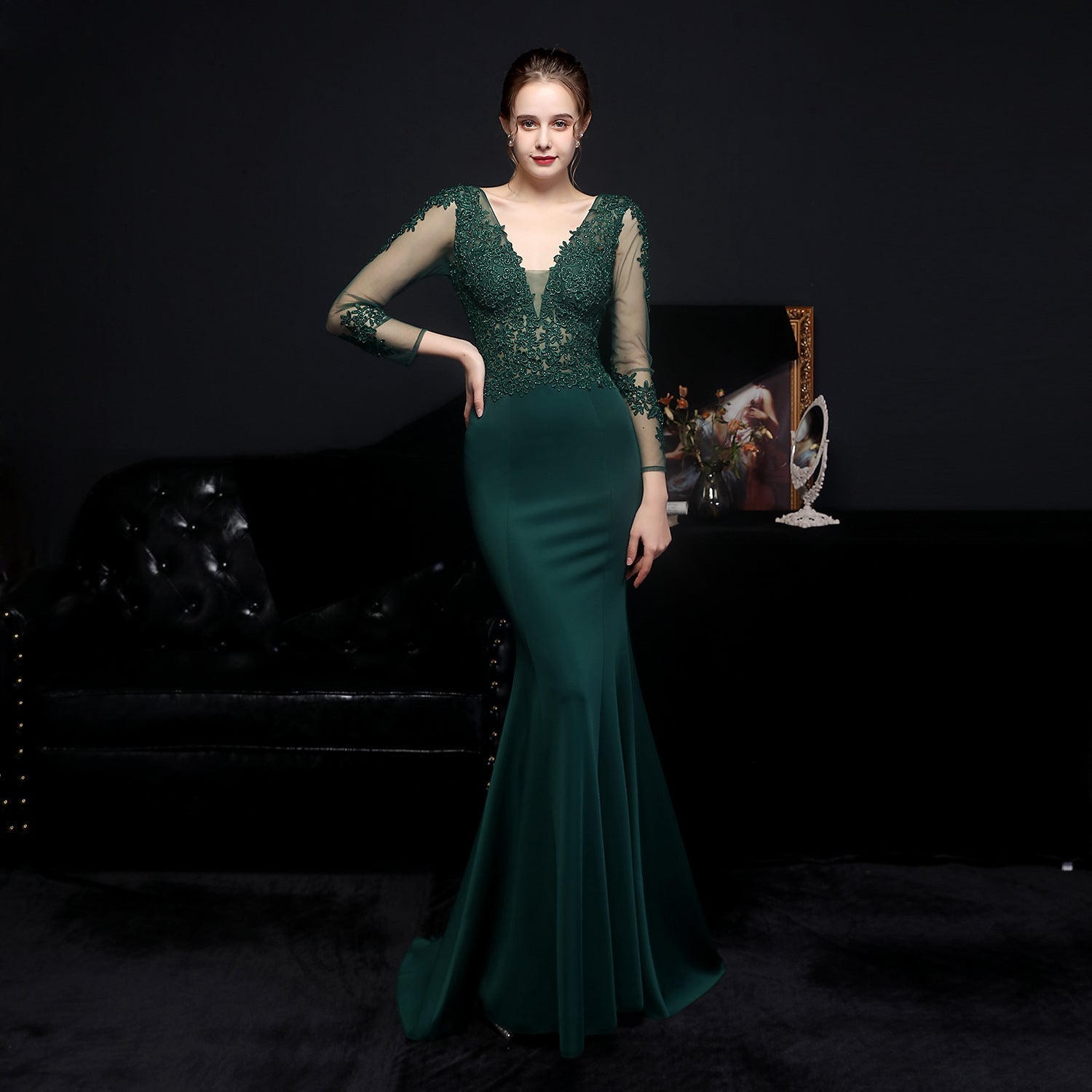 Floral Lace Illusion Long Sleeve Mermaid Trumpet Formal Gown