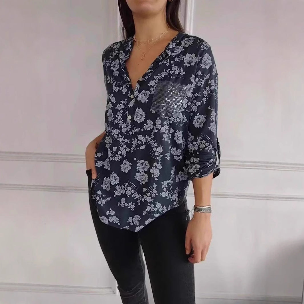 Spring Loose Casual Long Sleeves Printed Sequined Pocket Shirt