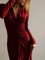 Deep V-Neck Ruched Long Sleeve Floor Length Maxi Dress