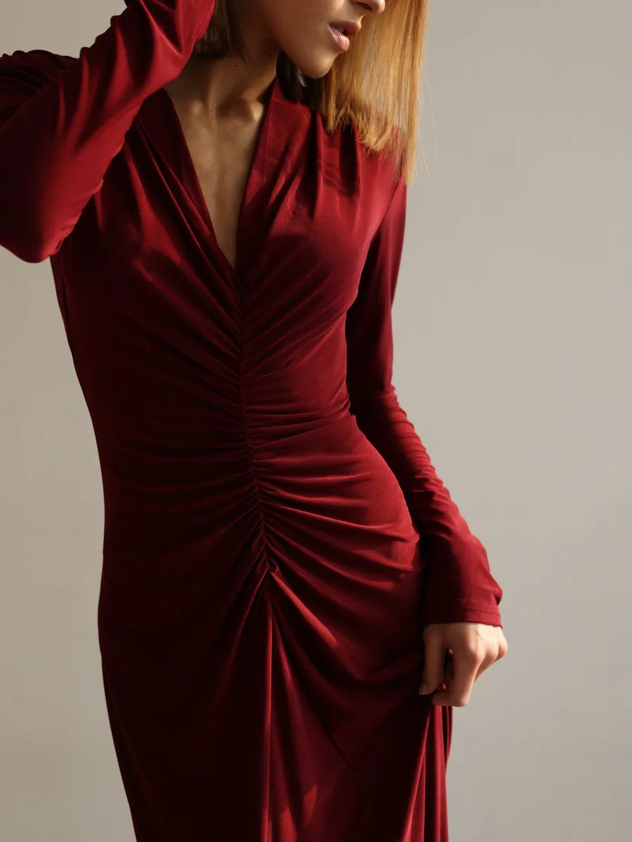 Deep V-Neck Ruched Long Sleeve Floor Length Maxi Dress
