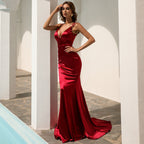 V-neck double shoulder suspender back fishtail dress