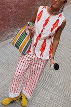 Good Luck Linen Blend Koi Pattern High Rise Elastic Waist Loose Pants