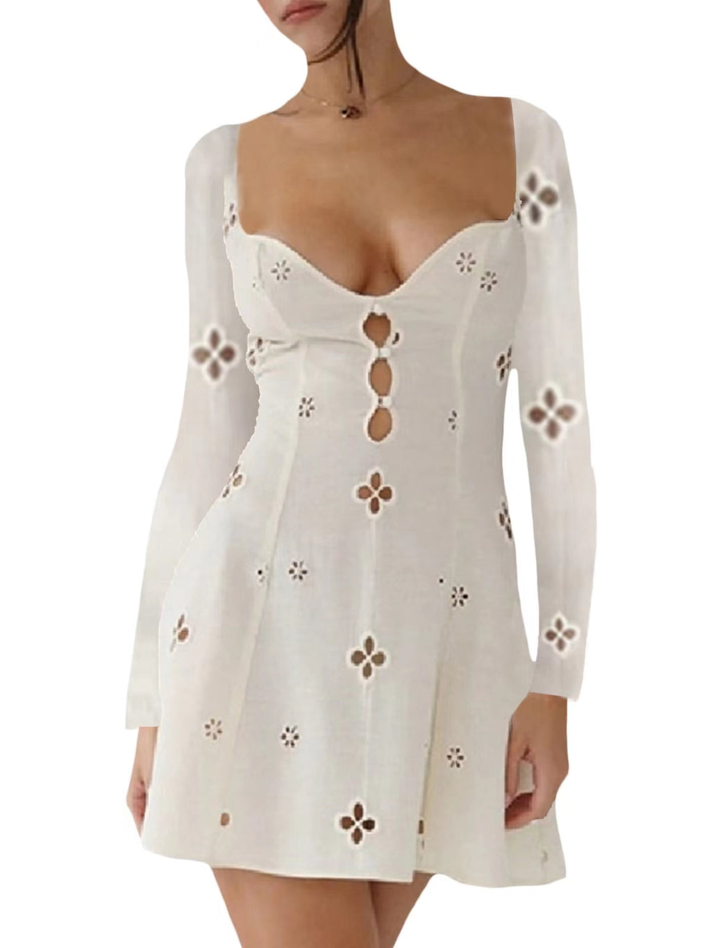 Floral Eyelet Keyhole Scoop Neck Cap Sleeve Trumpet Midi Dress