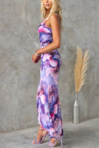 Ladies' elegant party dress, mesh overlay printed one shoulder wave skirt, mesh overlay printed one shoulder pleated elastic long skirt